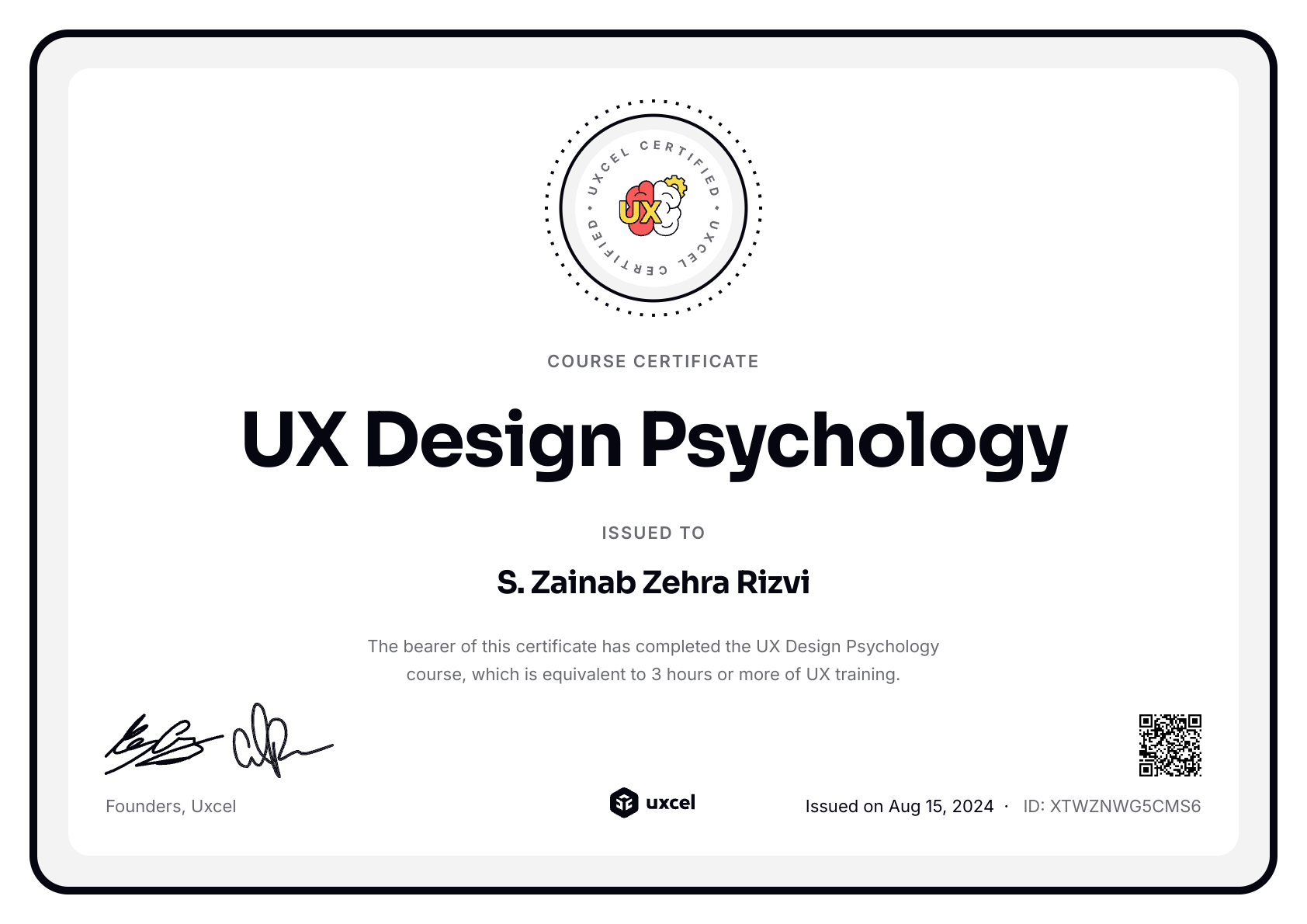 S. Zainab Zehra Rizvi's certificate